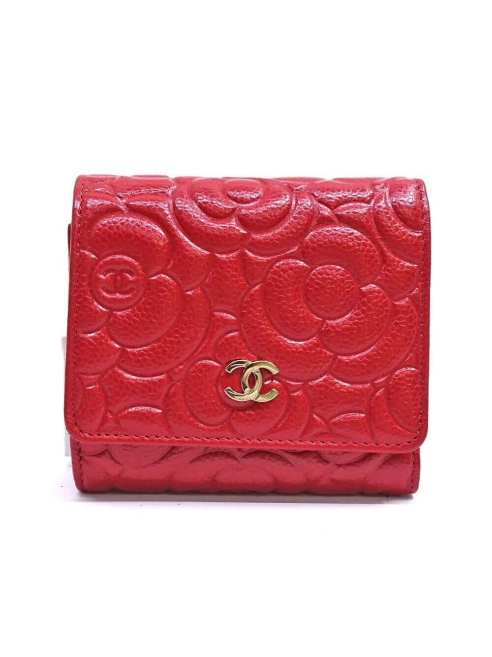 Chanel Trifold Wallet Camellia Red Caviar Leather CC Logo